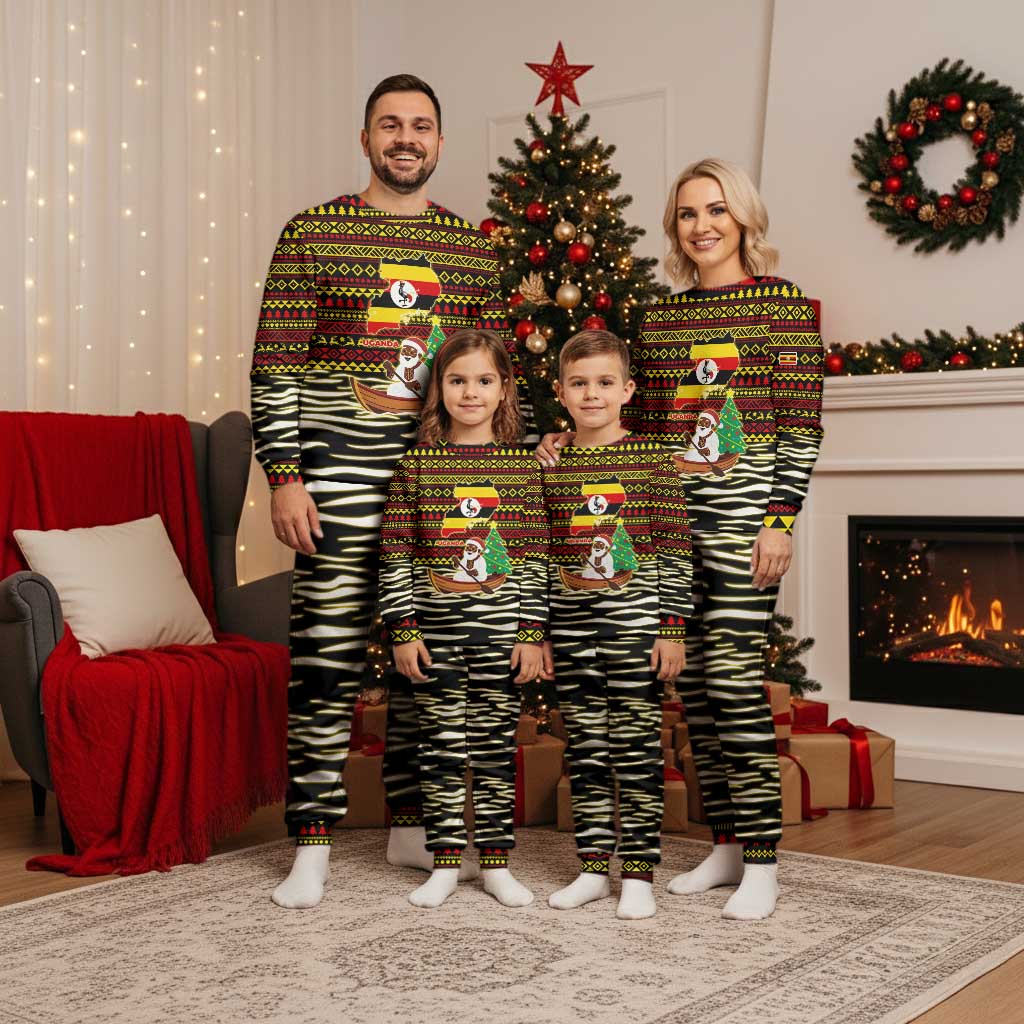 Uganda Christmas Pajama Set with Santa in Canoe Christmas Tree Uganda Map Flag and Black Red Yellow Tribal Pattern Design - Wonder Print Shop