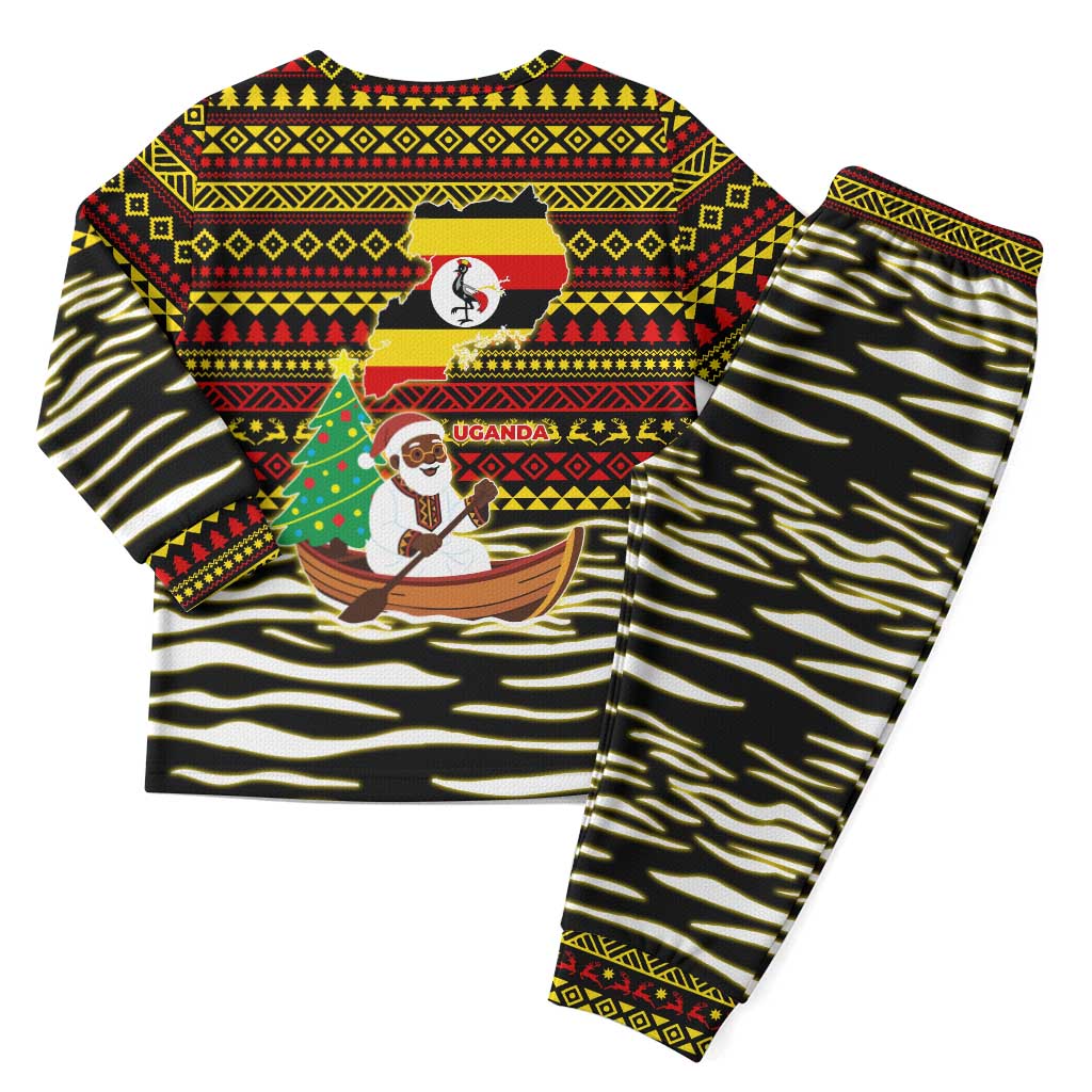 Uganda Christmas Pajama Set with Santa in Canoe Christmas Tree Uganda Map Flag and Black Red Yellow Tribal Pattern Design - Wonder Print Shop