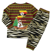 Uganda Christmas Pajama Set with Santa in Canoe Christmas Tree Uganda Map Flag and Black Red Yellow Tribal Pattern Design - Wonder Print Shop