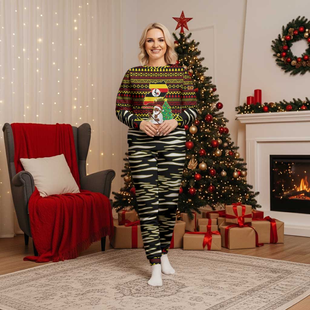 Uganda Christmas Pajama Set with Santa in Canoe Christmas Tree Uganda Map Flag and Black Red Yellow Tribal Pattern Design - Wonder Print Shop