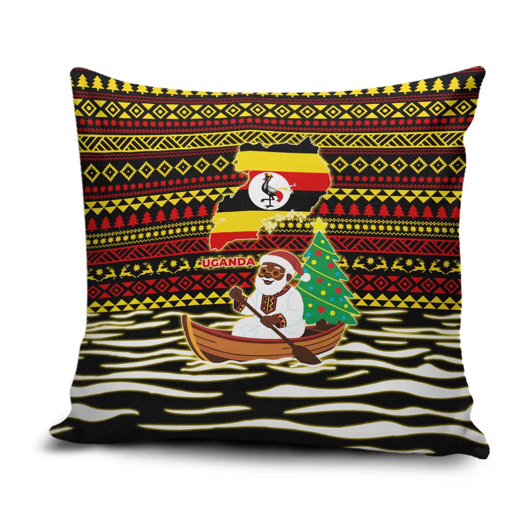 Uganda Christmas Pillow Cover with Santa in Canoe Christmas Tree Uganda Map Flag and Black Red Yellow Tribal Pattern Design - Wonder Print Shop