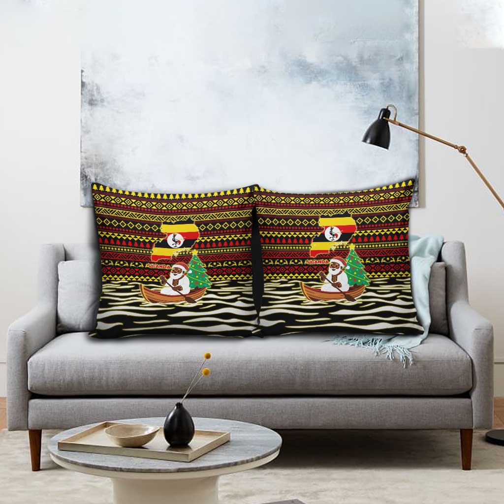 Uganda Christmas Pillow Cover with Santa in Canoe Christmas Tree Uganda Map Flag and Black Red Yellow Tribal Pattern Design - Wonder Print Shop