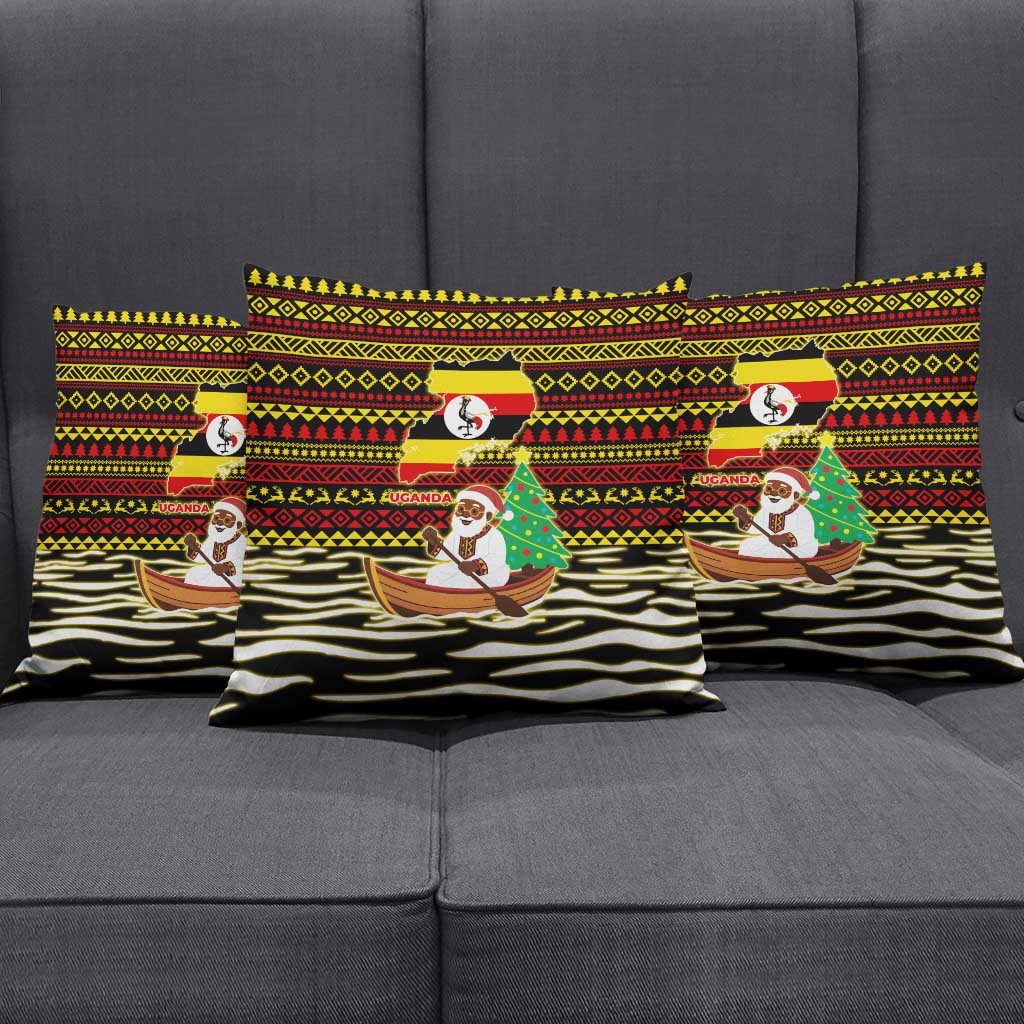 Uganda Christmas Pillow Cover with Santa in Canoe Christmas Tree Uganda Map Flag and Black Red Yellow Tribal Pattern Design - Wonder Print Shop