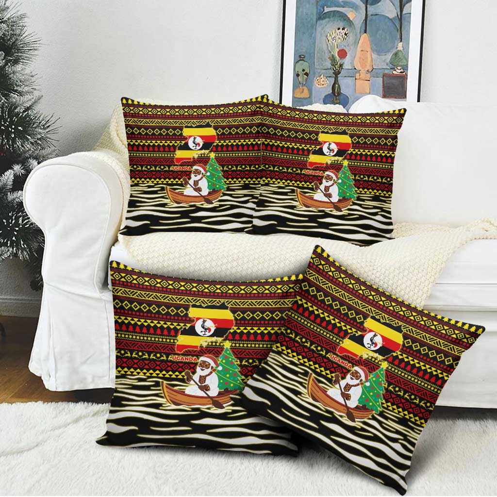 Uganda Christmas Pillow Cover with Santa in Canoe Christmas Tree Uganda Map Flag and Black Red Yellow Tribal Pattern Design - Wonder Print Shop