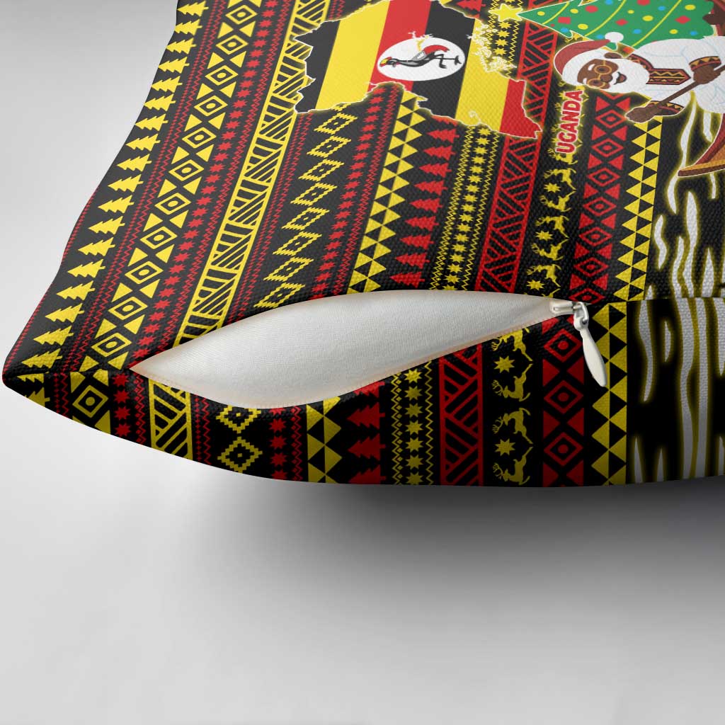 Uganda Christmas Pillow Cover with Santa in Canoe Christmas Tree Uganda Map Flag and Black Red Yellow Tribal Pattern Design - Wonder Print Shop