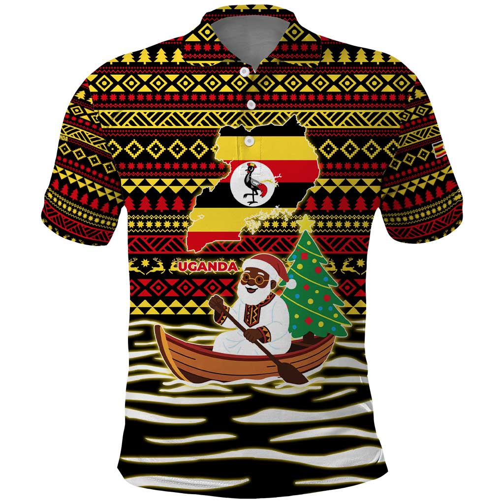 Uganda Christmas Polo Shirt with Santa in Canoe Christmas Tree Uganda Map Flag and Black Red Yellow Tribal Pattern Design - Wonder Print Shop