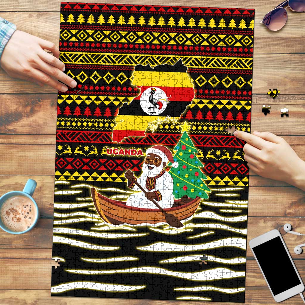 Uganda Christmas Puzzle with Santa in Canoe Christmas Tree Uganda Map Flag and Black Red Yellow Tribal Pattern Design - Wonder Print Shop