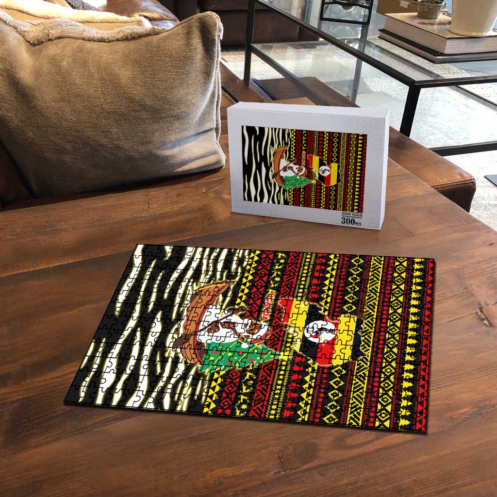 Uganda Christmas Puzzle with Santa in Canoe Christmas Tree Uganda Map Flag and Black Red Yellow Tribal Pattern Design - Wonder Print Shop