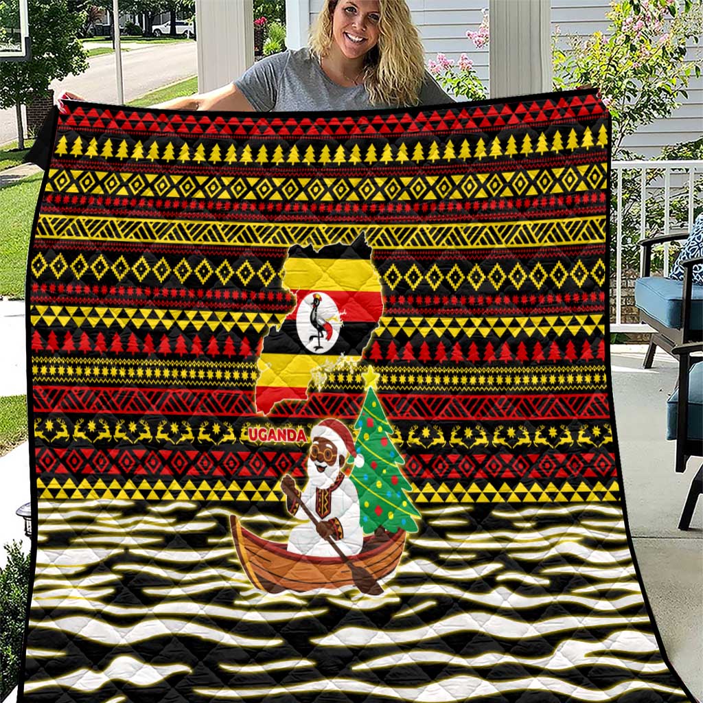 Uganda Christmas Quilt with Santa in Canoe Christmas Tree Uganda Map Flag and Black Red Yellow Tribal Pattern Design - Wonder Print Shop