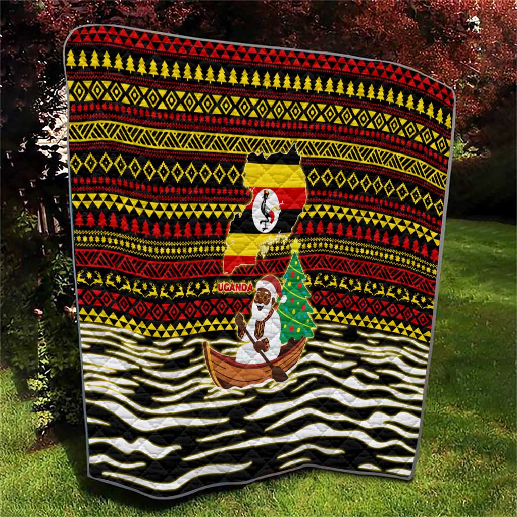 Uganda Christmas Quilt with Santa in Canoe Christmas Tree Uganda Map Flag and Black Red Yellow Tribal Pattern Design - Wonder Print Shop
