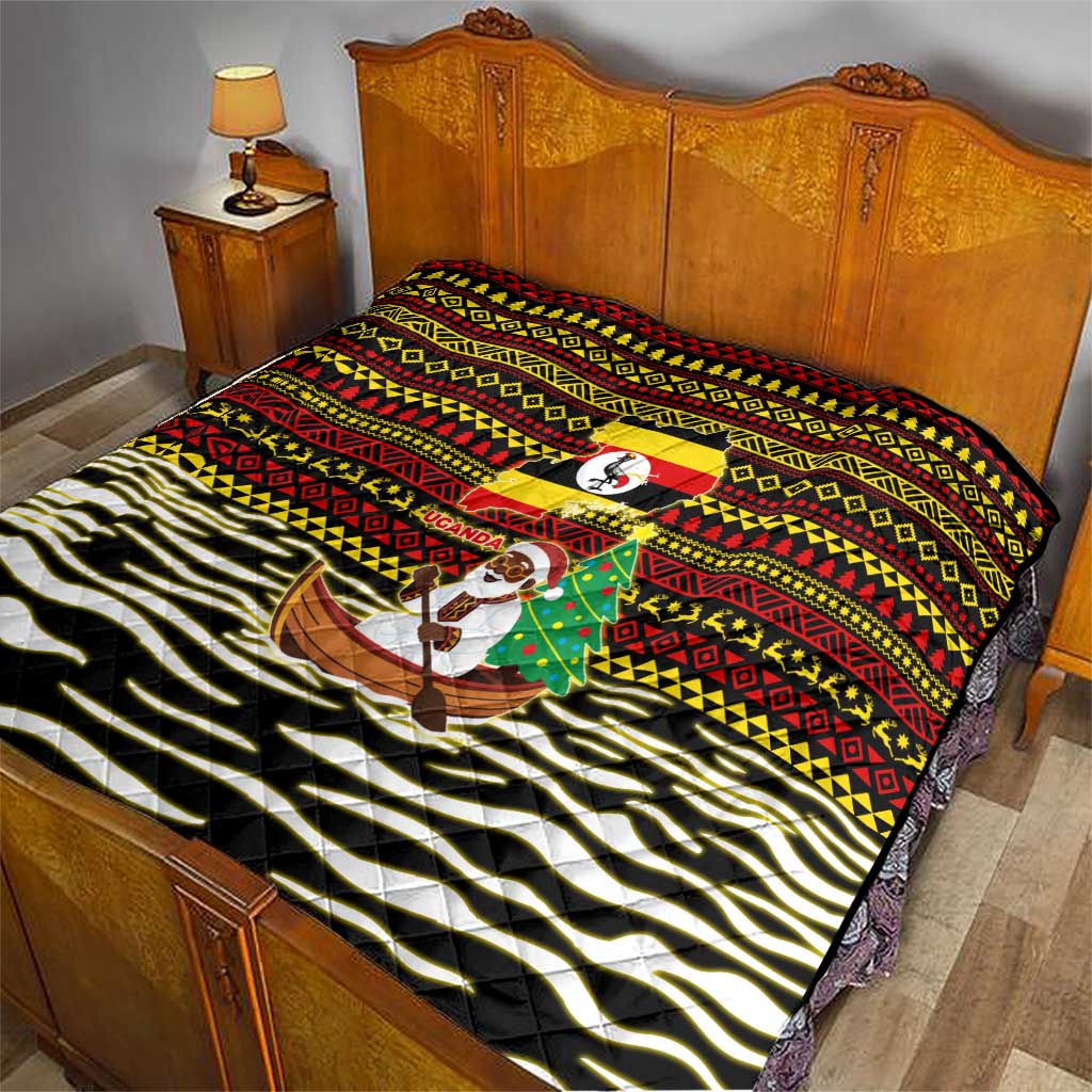 Uganda Christmas Quilt with Santa in Canoe Christmas Tree Uganda Map Flag and Black Red Yellow Tribal Pattern Design - Wonder Print Shop
