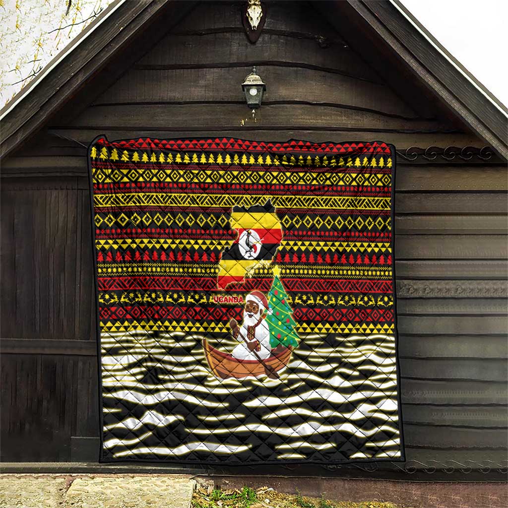Uganda Christmas Quilt with Santa in Canoe Christmas Tree Uganda Map Flag and Black Red Yellow Tribal Pattern Design - Wonder Print Shop