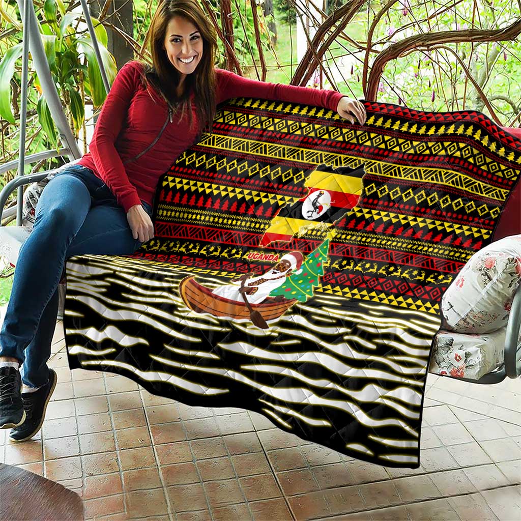Uganda Christmas Quilt with Santa in Canoe Christmas Tree Uganda Map Flag and Black Red Yellow Tribal Pattern Design - Wonder Print Shop