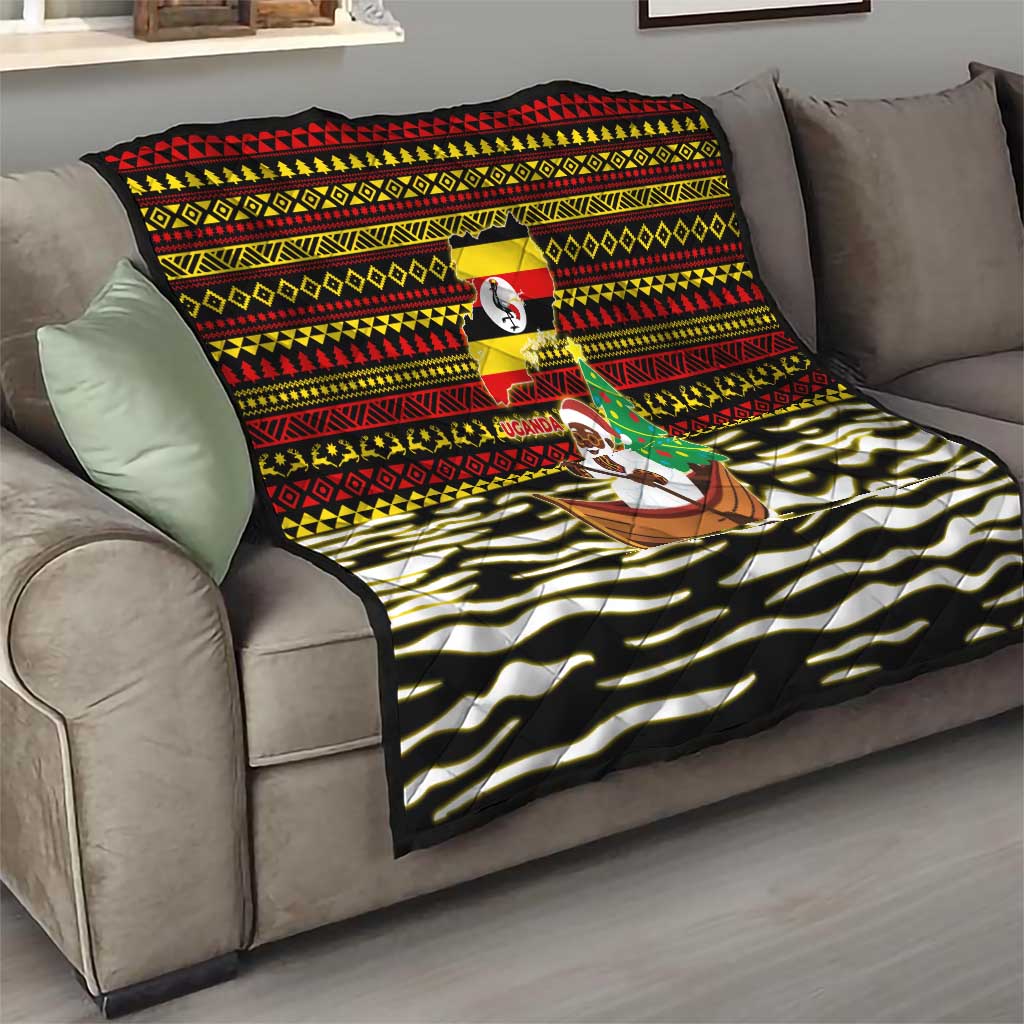 Uganda Christmas Quilt with Santa in Canoe Christmas Tree Uganda Map Flag and Black Red Yellow Tribal Pattern Design - Wonder Print Shop