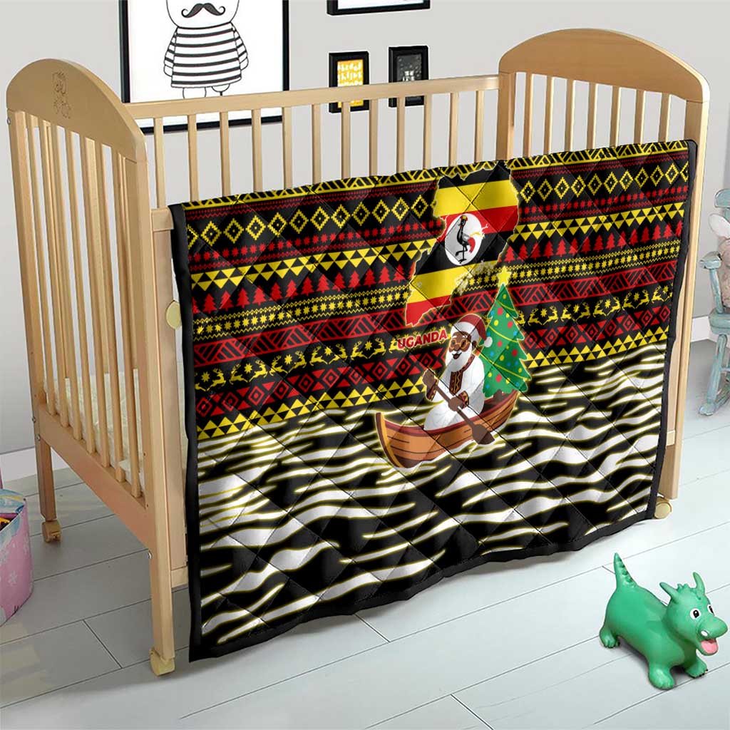 Uganda Christmas Quilt with Santa in Canoe Christmas Tree Uganda Map Flag and Black Red Yellow Tribal Pattern Design - Wonder Print Shop