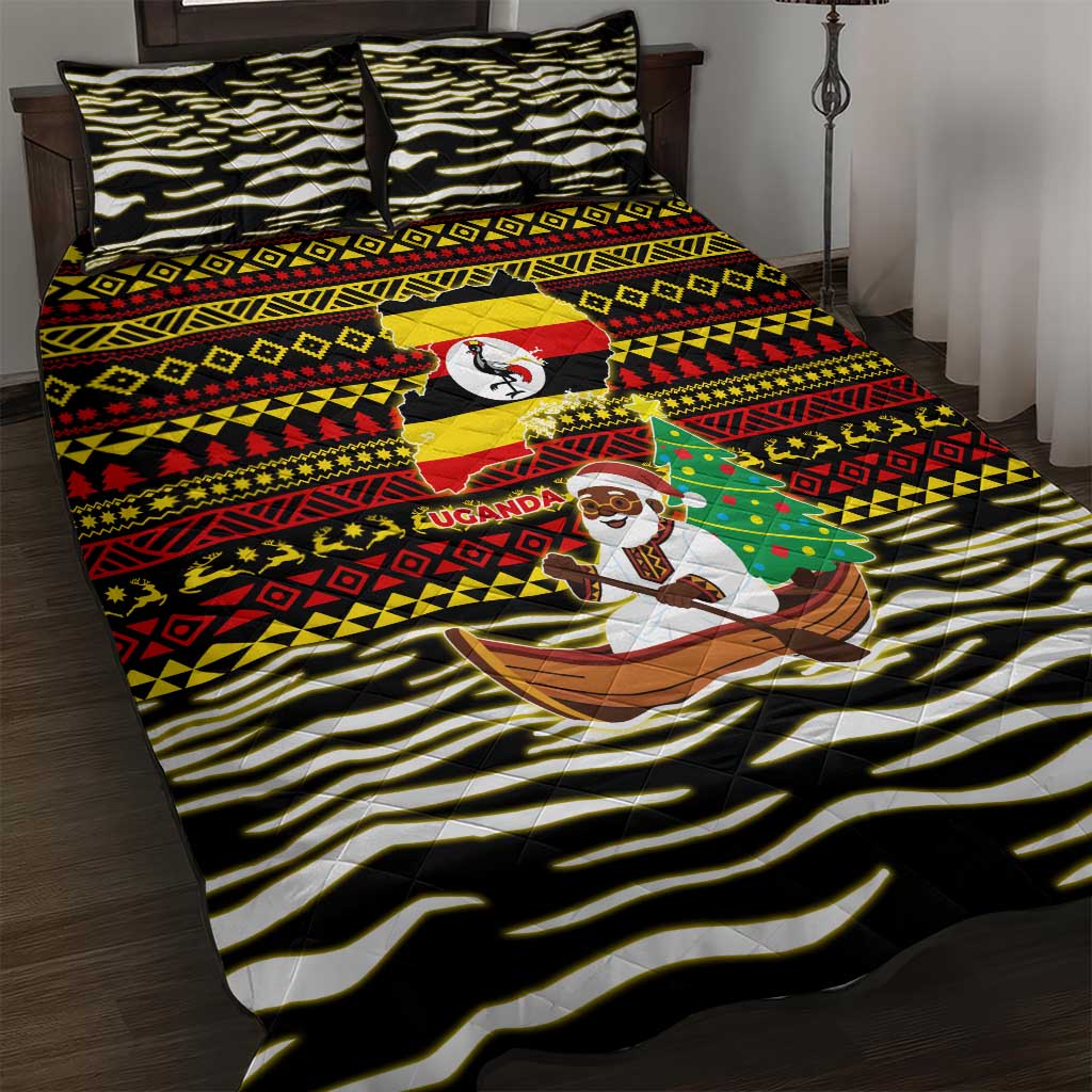 Uganda Christmas Quilt Bed Set with Santa in Canoe Christmas Tree Uganda Map Flag and Black Red Yellow Tribal Pattern Design - Wonder Print Shop