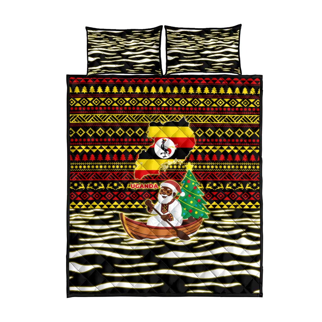 Uganda Christmas Quilt Bed Set with Santa in Canoe Christmas Tree Uganda Map Flag and Black Red Yellow Tribal Pattern Design - Wonder Print Shop