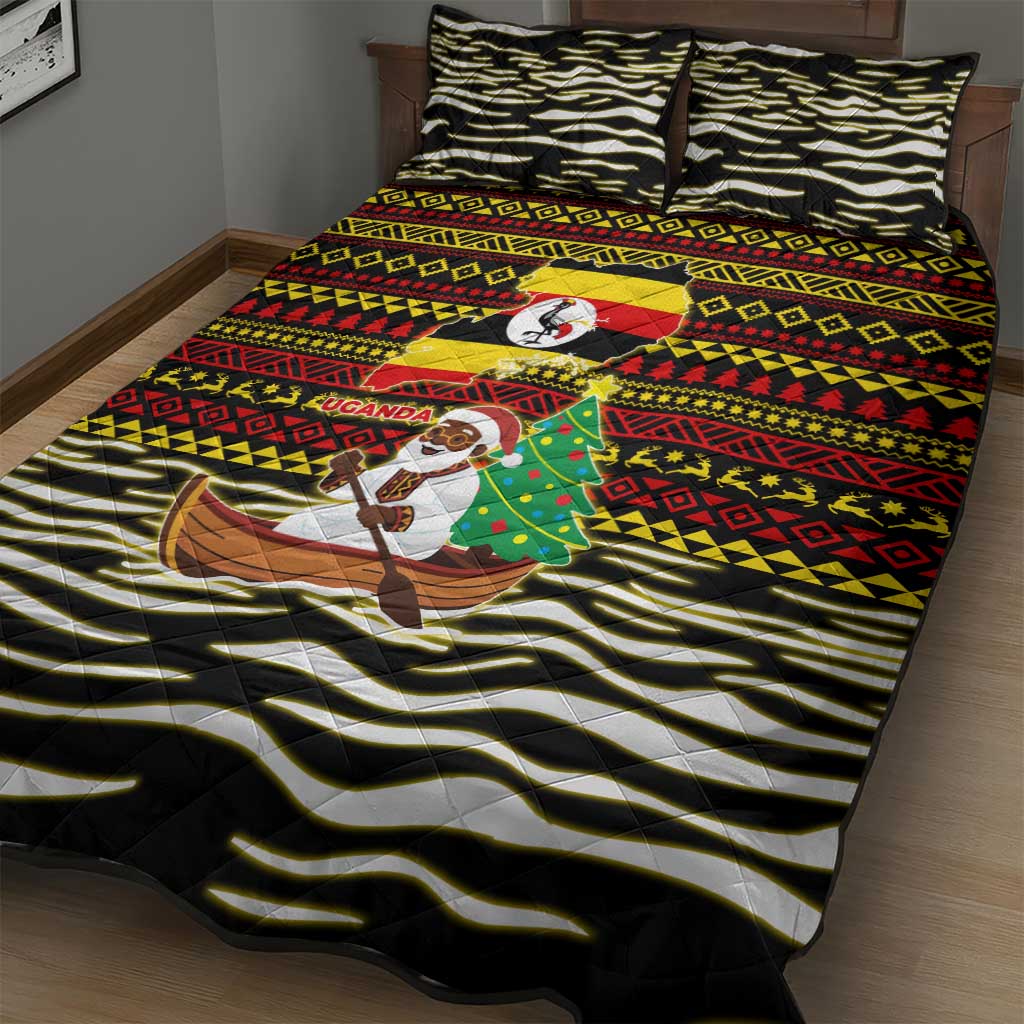Uganda Christmas Quilt Bed Set with Santa in Canoe Christmas Tree Uganda Map Flag and Black Red Yellow Tribal Pattern Design - Wonder Print Shop