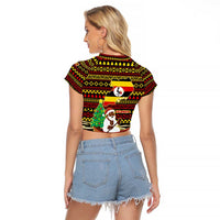 Uganda Christmas Raglan Cropped T Shirt with Santa in Canoe Christmas Tree Uganda Map Flag and Black Red Yellow Tribal Pattern Design - Wonder Print Shop