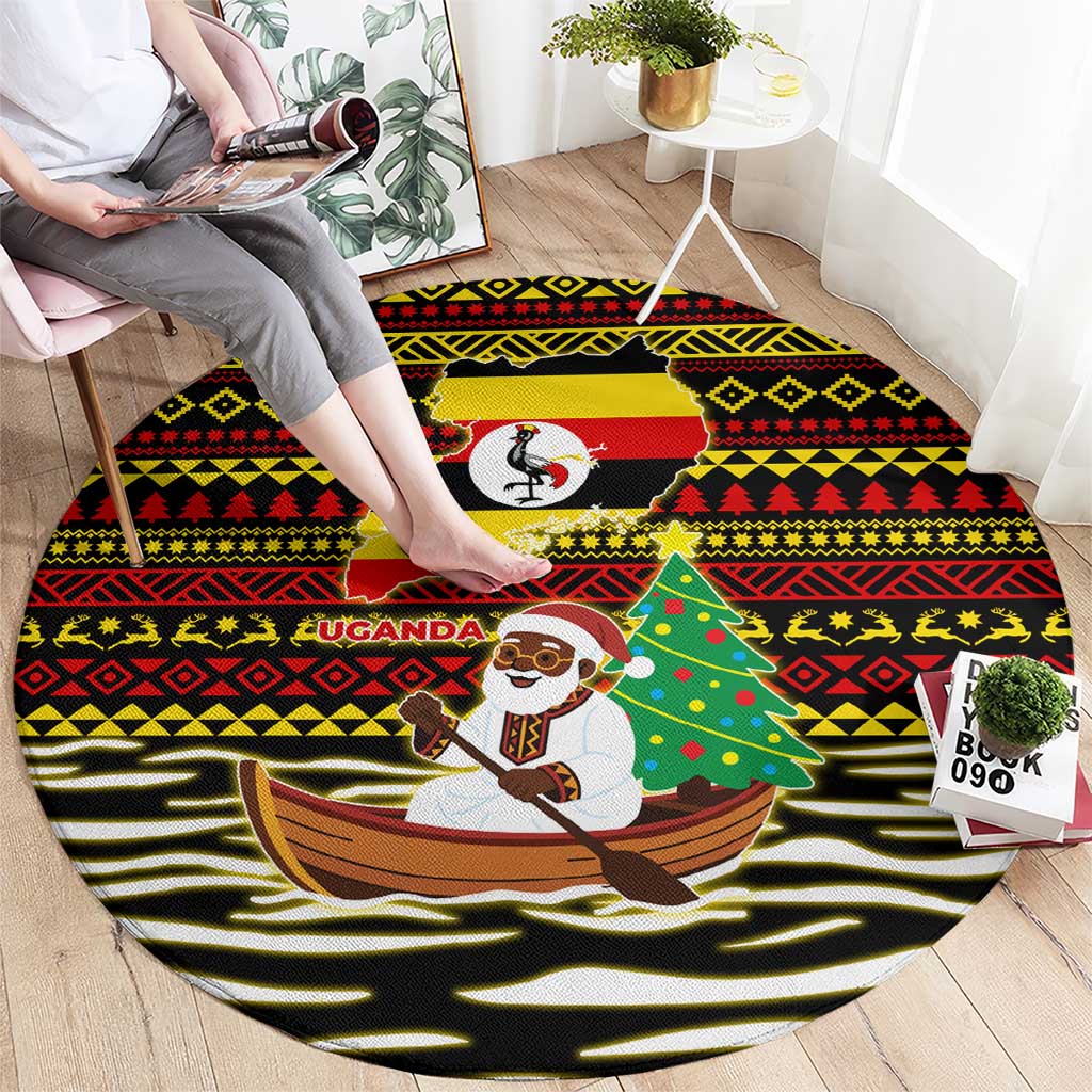 Uganda Christmas Round Carpet with Santa in Canoe Christmas Tree Uganda Map Flag and Black Red Yellow Tribal Pattern Design - Wonder Print Shop
