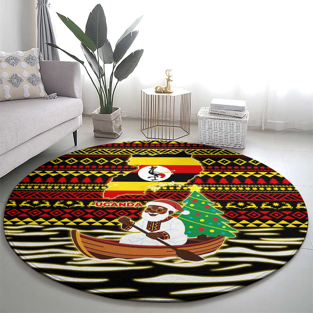 Uganda Christmas Round Carpet with Santa in Canoe Christmas Tree Uganda Map Flag and Black Red Yellow Tribal Pattern Design - Wonder Print Shop