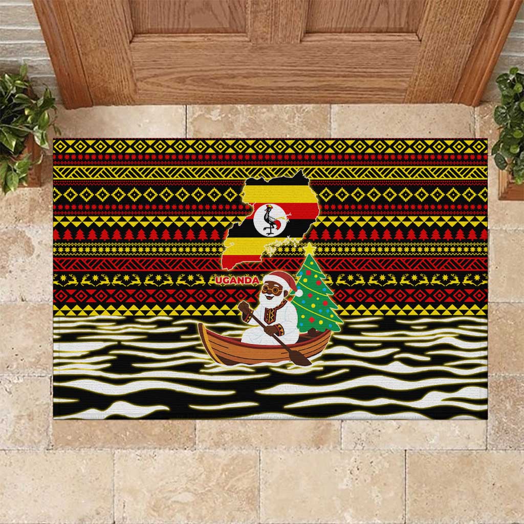 Uganda Christmas Rubber Doormat with Santa in Canoe Christmas Tree Uganda Map Flag and Black Red Yellow Tribal Pattern Design - Wonder Print Shop