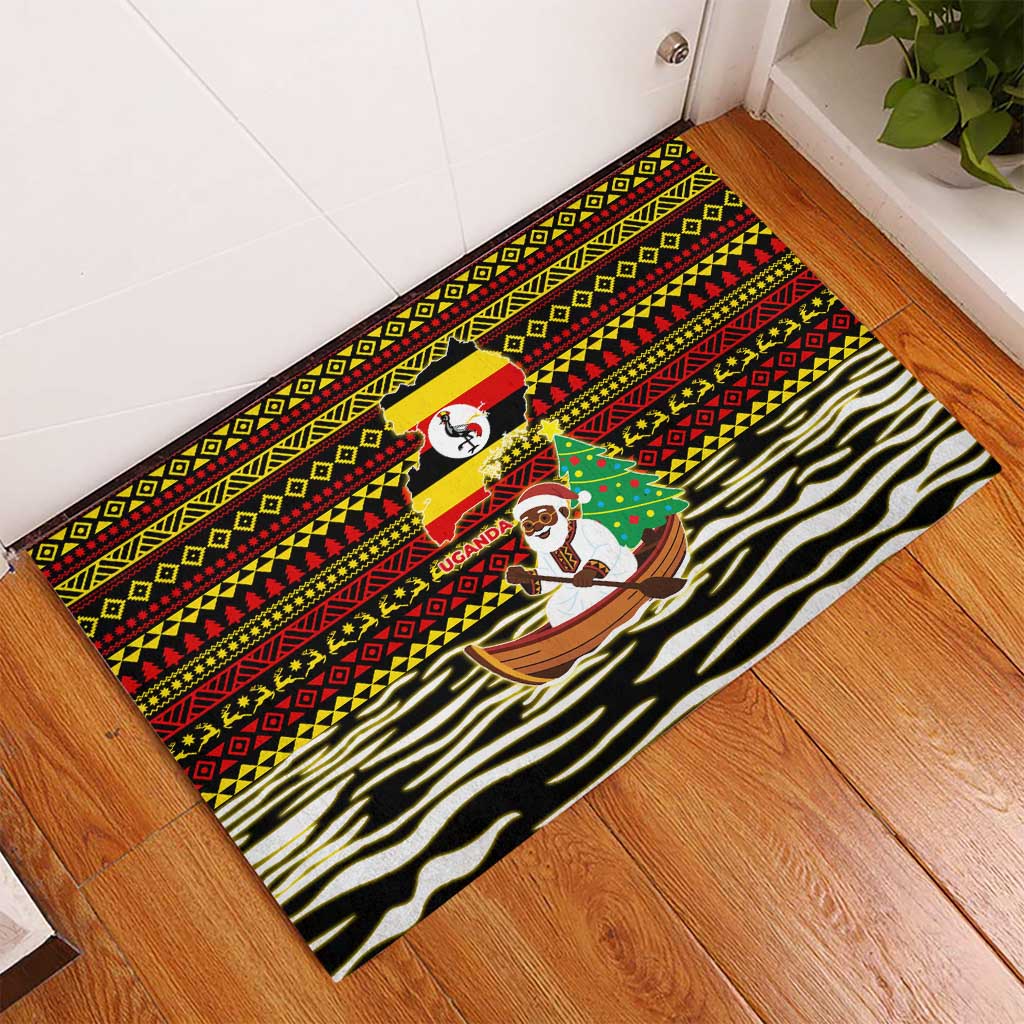 Uganda Christmas Rubber Doormat with Santa in Canoe Christmas Tree Uganda Map Flag and Black Red Yellow Tribal Pattern Design - Wonder Print Shop