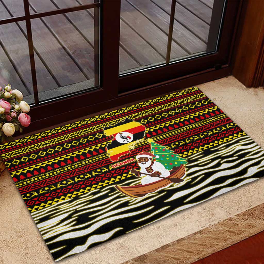 Uganda Christmas Rubber Doormat with Santa in Canoe Christmas Tree Uganda Map Flag and Black Red Yellow Tribal Pattern Design - Wonder Print Shop