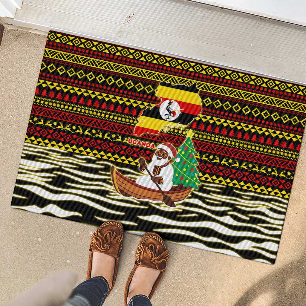 Uganda Christmas Rubber Doormat with Santa in Canoe Christmas Tree Uganda Map Flag and Black Red Yellow Tribal Pattern Design - Wonder Print Shop