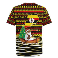 Uganda Christmas Rugby Jersey with Santa in Canoe Christmas Tree Uganda Map Flag and Black Red Yellow Tribal Pattern Design - Wonder Print Shop