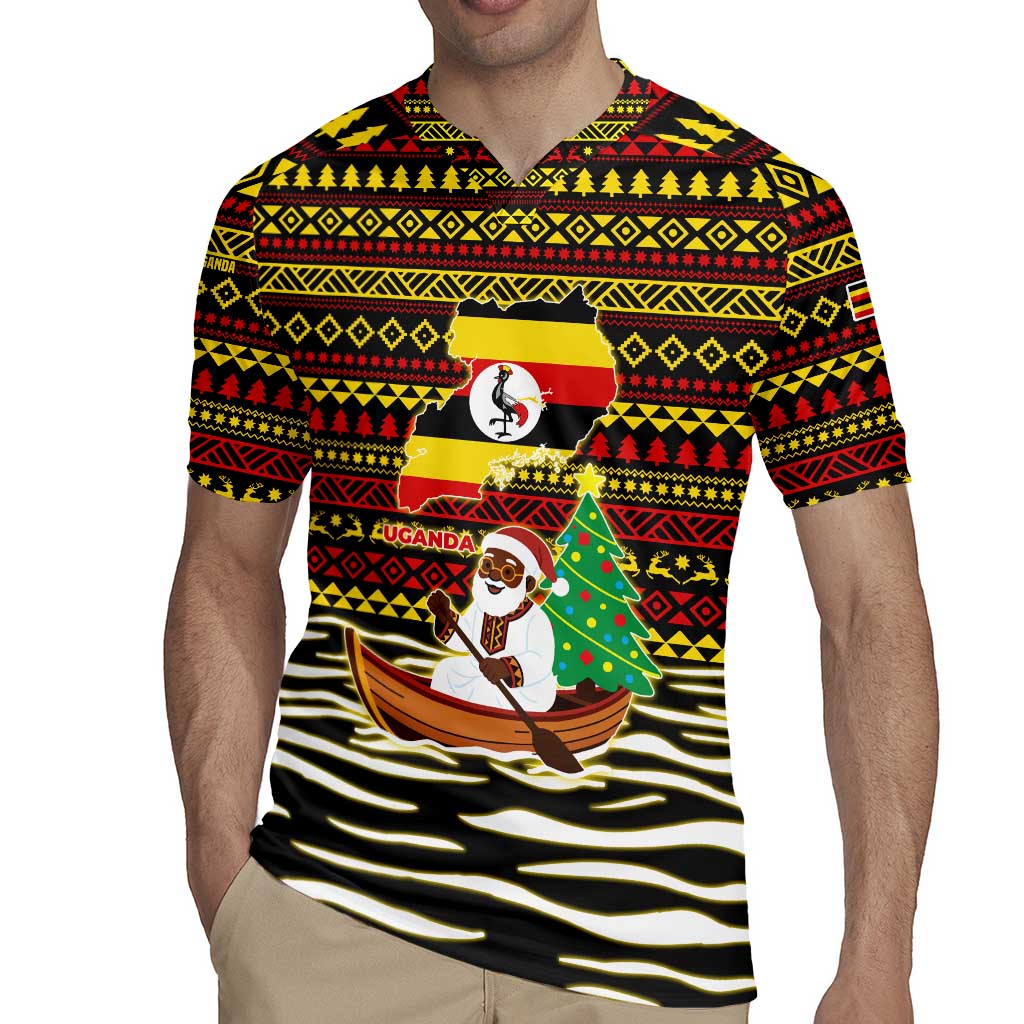 Uganda Christmas Rugby Jersey with Santa in Canoe Christmas Tree Uganda Map Flag and Black Red Yellow Tribal Pattern Design - Wonder Print Shop