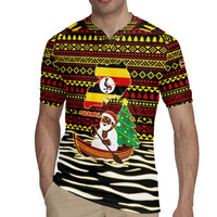 Uganda Christmas Rugby Jersey with Santa in Canoe Christmas Tree Uganda Map Flag and Black Red Yellow Tribal Pattern Design - Wonder Print Shop