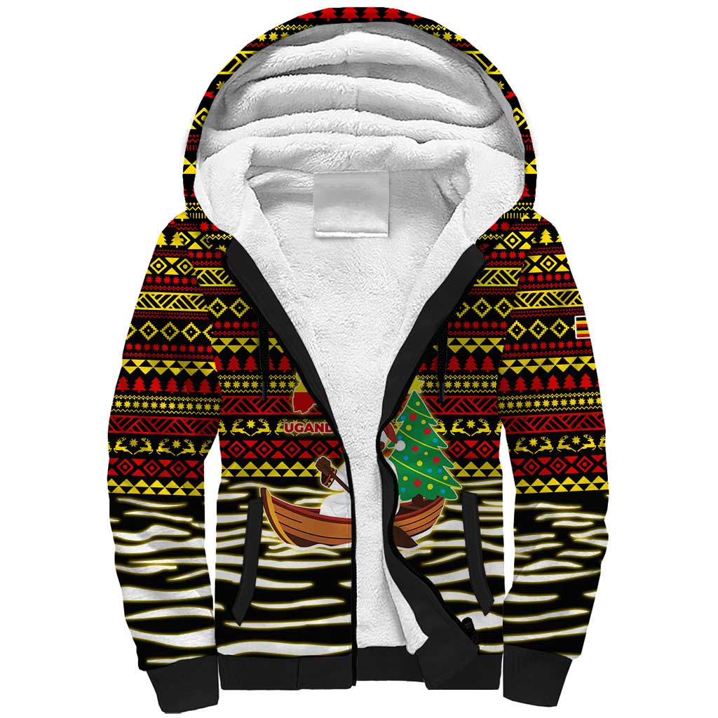 Uganda Christmas Sherpa Hoodie with Santa in Canoe Christmas Tree Uganda Map Flag and Black Red Yellow Tribal Pattern Design - Wonder Print Shop
