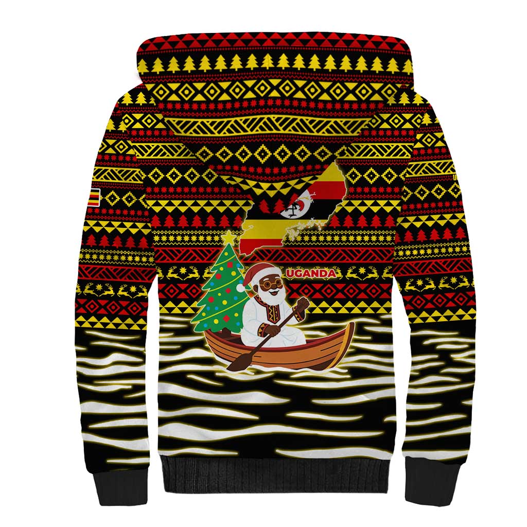Uganda Christmas Sherpa Hoodie with Santa in Canoe Christmas Tree Uganda Map Flag and Black Red Yellow Tribal Pattern Design - Wonder Print Shop