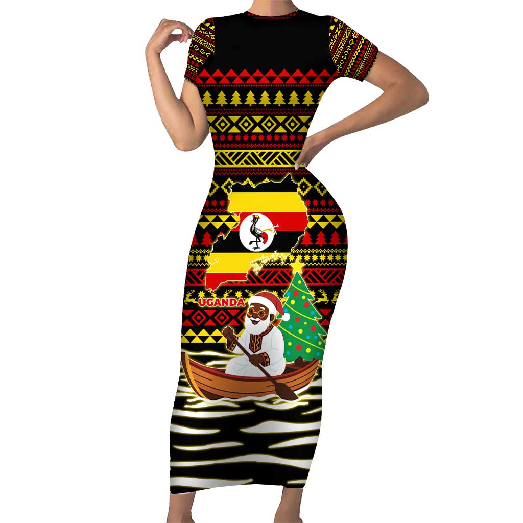 Uganda Christmas Short Sleeve Bodycon Dress with Santa in Canoe Christmas Tree Uganda Map Flag and Black Red Yellow Tribal Pattern Design - Wonder Print Shop