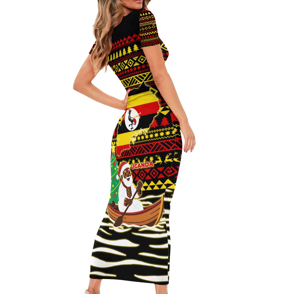 Uganda Christmas Short Sleeve Bodycon Dress with Santa in Canoe Christmas Tree Uganda Map Flag and Black Red Yellow Tribal Pattern Design - Wonder Print Shop