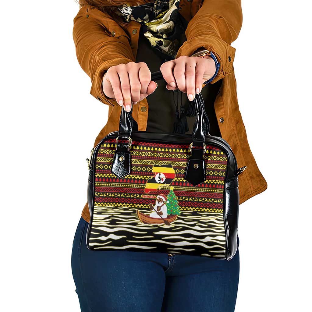Uganda Christmas Shoulder Handbag with Santa in Canoe Christmas Tree Uganda Map Flag and Black Red Yellow Tribal Pattern Design - Wonder Print Shop