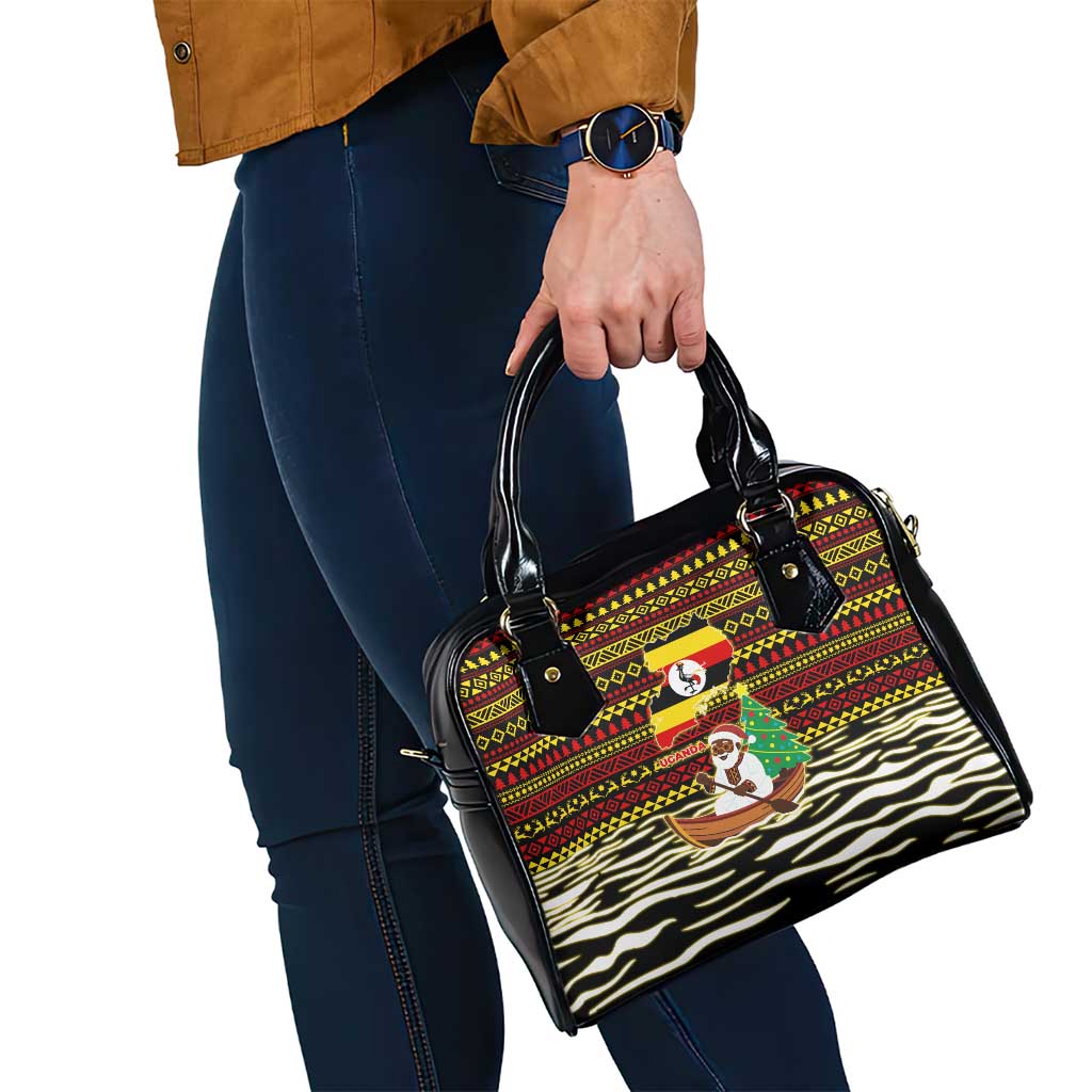 Uganda Christmas Shoulder Handbag with Santa in Canoe Christmas Tree Uganda Map Flag and Black Red Yellow Tribal Pattern Design - Wonder Print Shop
