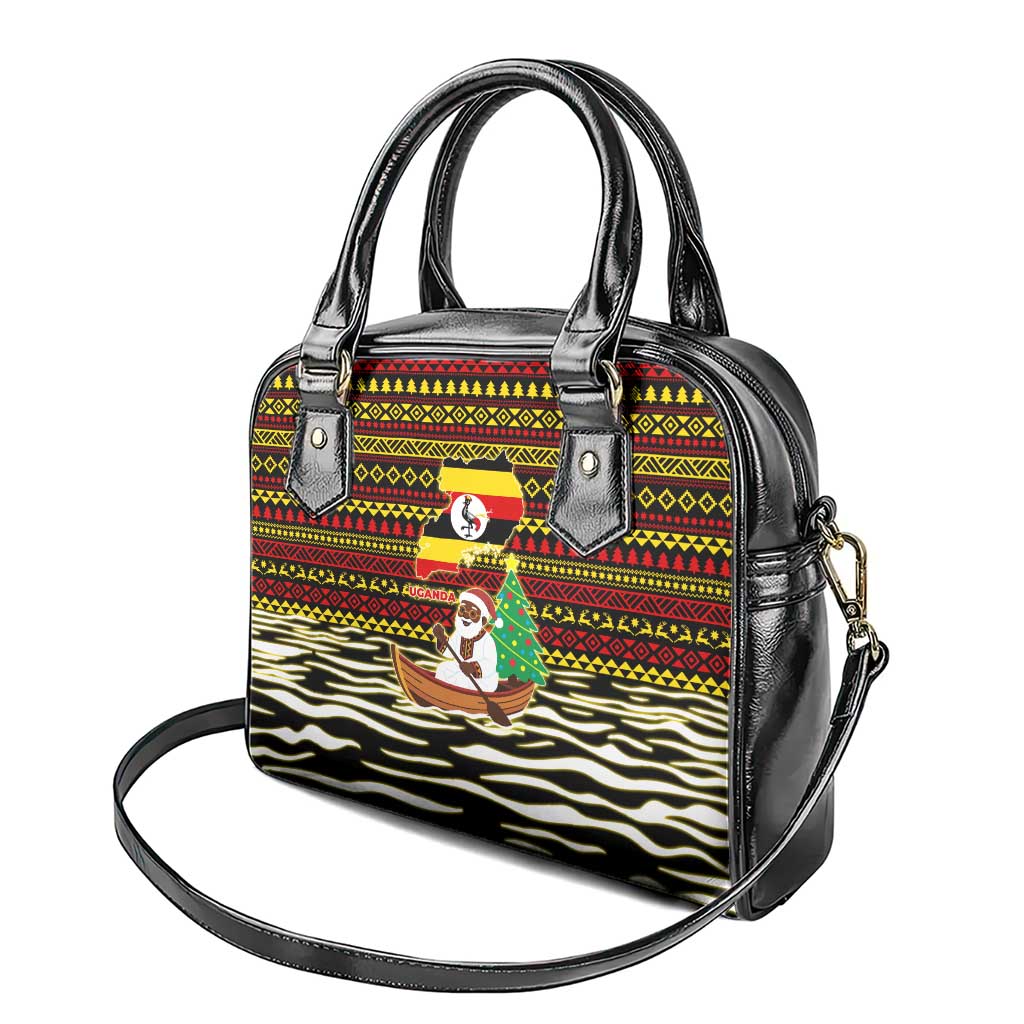 Uganda Christmas Shoulder Handbag with Santa in Canoe Christmas Tree Uganda Map Flag and Black Red Yellow Tribal Pattern Design - Wonder Print Shop