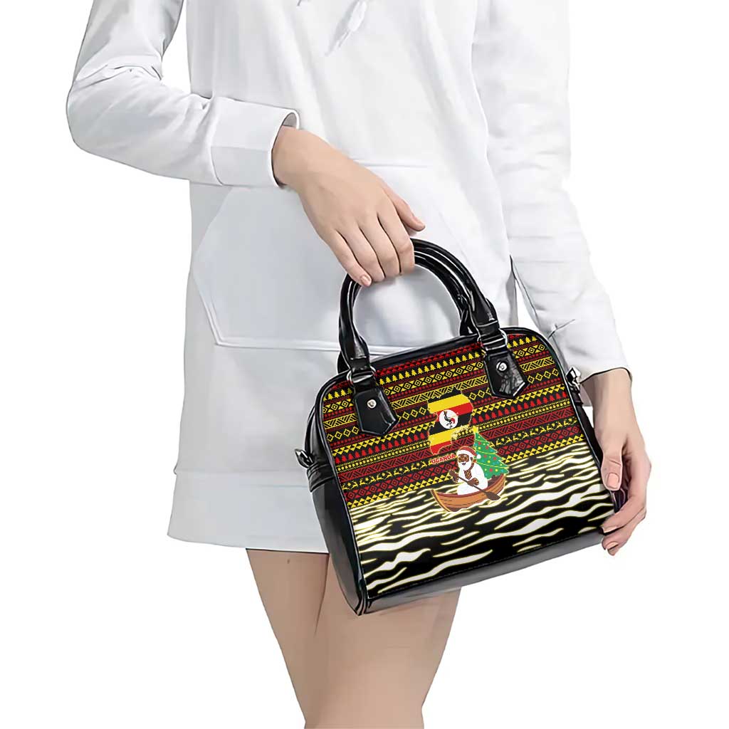 Uganda Christmas Shoulder Handbag with Santa in Canoe Christmas Tree Uganda Map Flag and Black Red Yellow Tribal Pattern Design - Wonder Print Shop