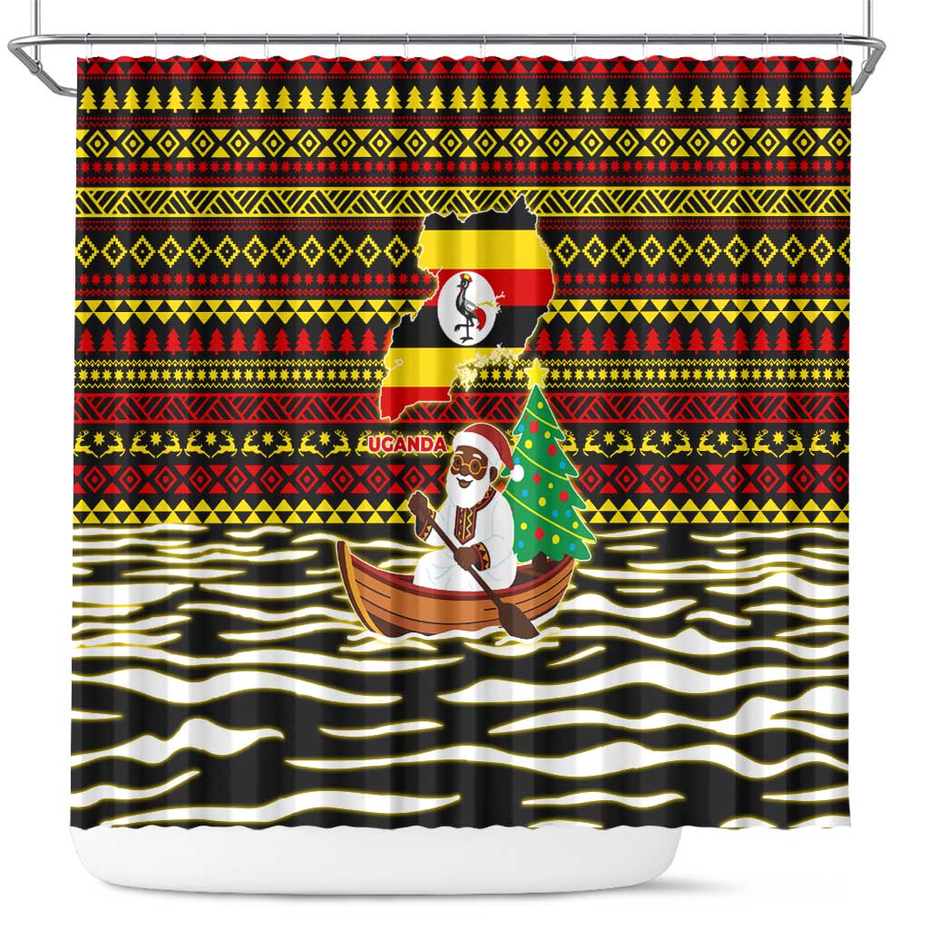 Uganda Christmas Shower Curtain with Santa in Canoe Christmas Tree Uganda Map Flag and Black Red Yellow Tribal Pattern Design - Wonder Print Shop