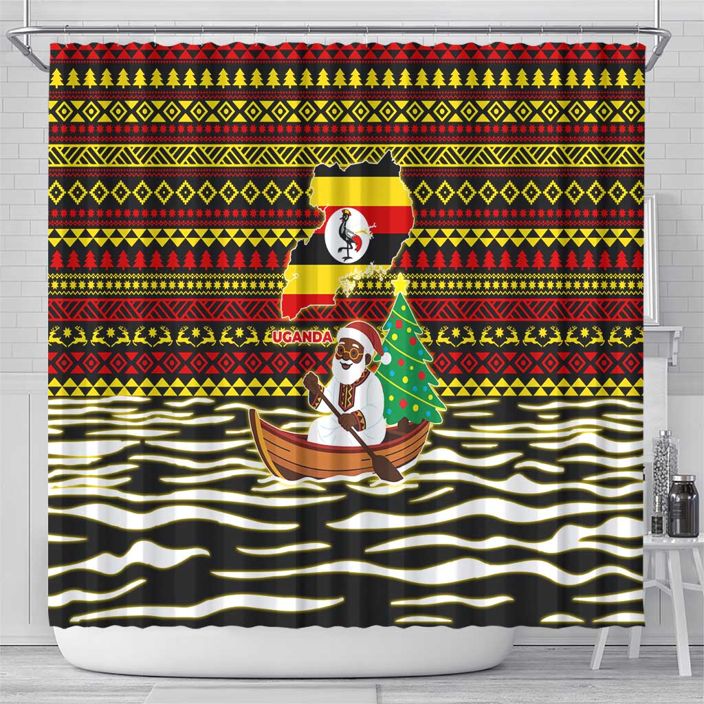 Uganda Christmas Shower Curtain with Santa in Canoe Christmas Tree Uganda Map Flag and Black Red Yellow Tribal Pattern Design - Wonder Print Shop