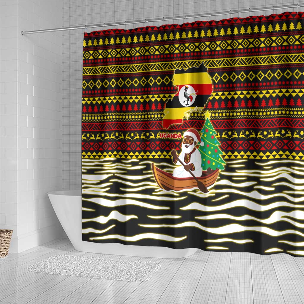 Uganda Christmas Shower Curtain with Santa in Canoe Christmas Tree Uganda Map Flag and Black Red Yellow Tribal Pattern Design - Wonder Print Shop