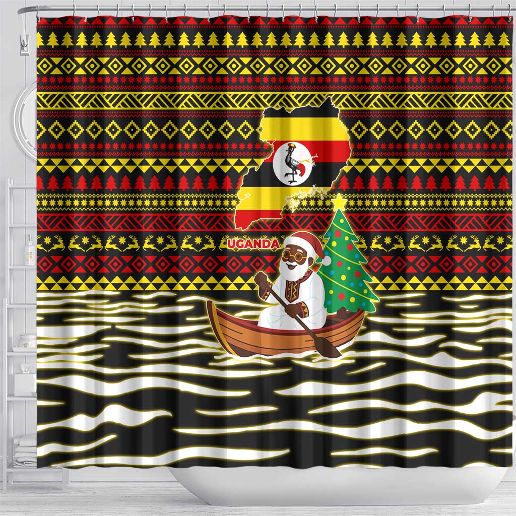Uganda Christmas Shower Curtain with Santa in Canoe Christmas Tree Uganda Map Flag and Black Red Yellow Tribal Pattern Design - Wonder Print Shop
