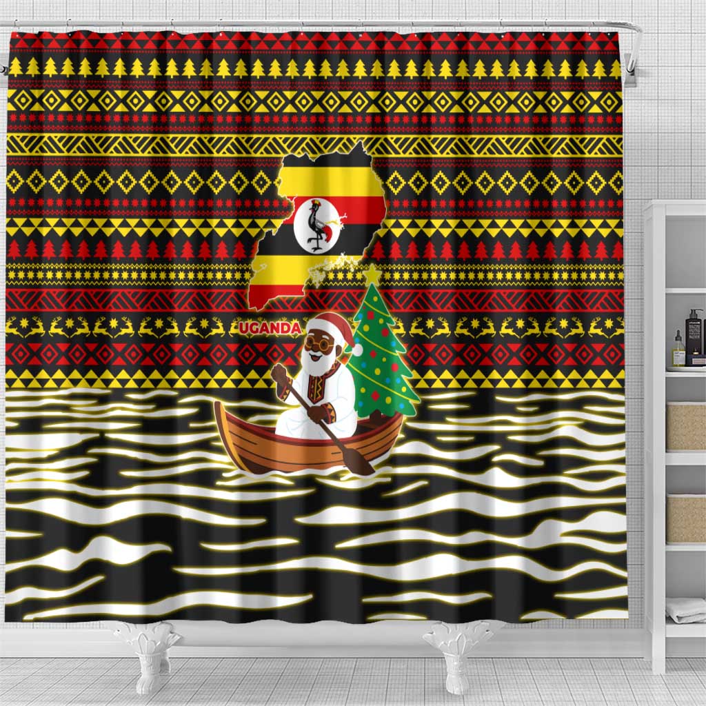 Uganda Christmas Shower Curtain with Santa in Canoe Christmas Tree Uganda Map Flag and Black Red Yellow Tribal Pattern Design - Wonder Print Shop