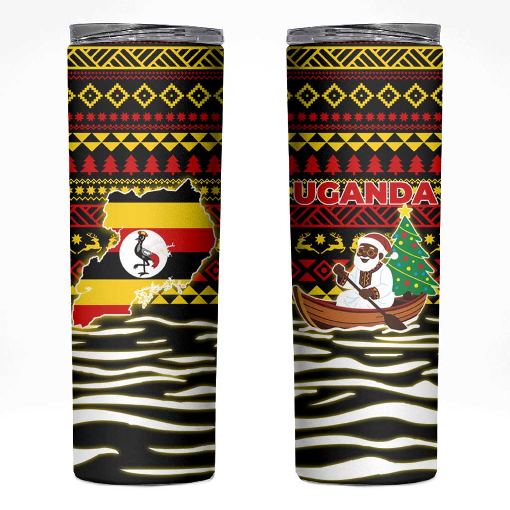 Uganda Christmas Skinny Tumbler with Santa in Canoe Christmas Tree Uganda Map Flag and Black Red Yellow Tribal Pattern Design - Wonder Print Shop