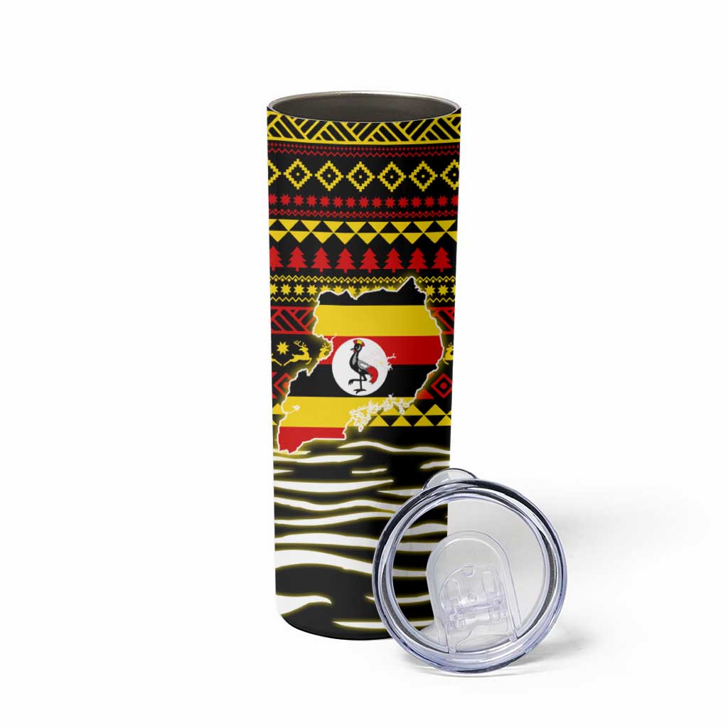 Uganda Christmas Skinny Tumbler with Santa in Canoe Christmas Tree Uganda Map Flag and Black Red Yellow Tribal Pattern Design - Wonder Print Shop