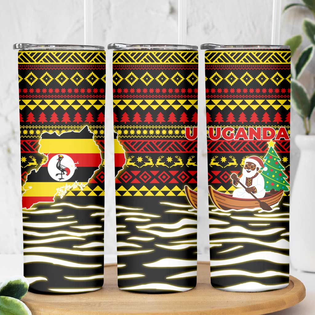 Uganda Christmas Skinny Tumbler with Santa in Canoe Christmas Tree Uganda Map Flag and Black Red Yellow Tribal Pattern Design - Wonder Print Shop