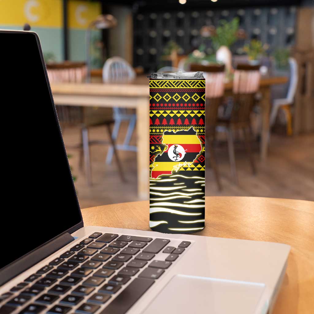 Uganda Christmas Skinny Tumbler with Santa in Canoe Christmas Tree Uganda Map Flag and Black Red Yellow Tribal Pattern Design - Wonder Print Shop