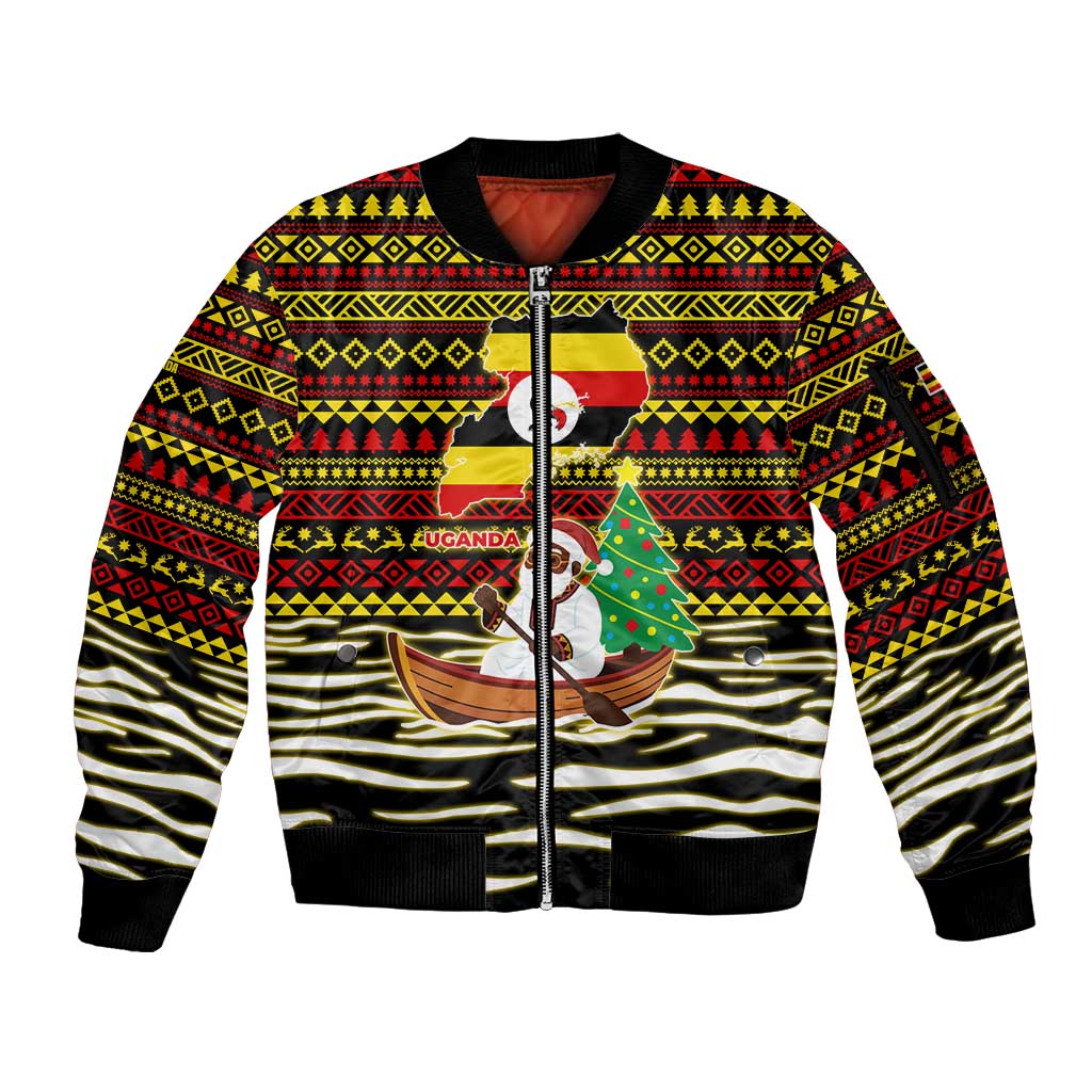 Uganda Christmas Sleeve Zip Bomber Jacket with Santa in Canoe Christmas Tree Uganda Map Flag and Black Red Yellow Tribal Pattern Design - Wonder Print Shop